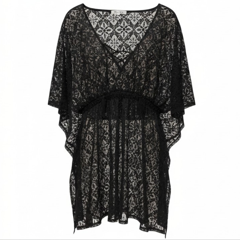 MIKEN SWIM | Black Crochet Lace Boho Tassels Beach Swim Kimono Cover-Up | XL